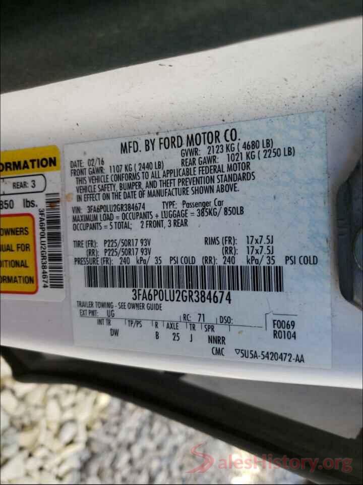 3FA6P0LU2GR384674 2016 FORD FUSION