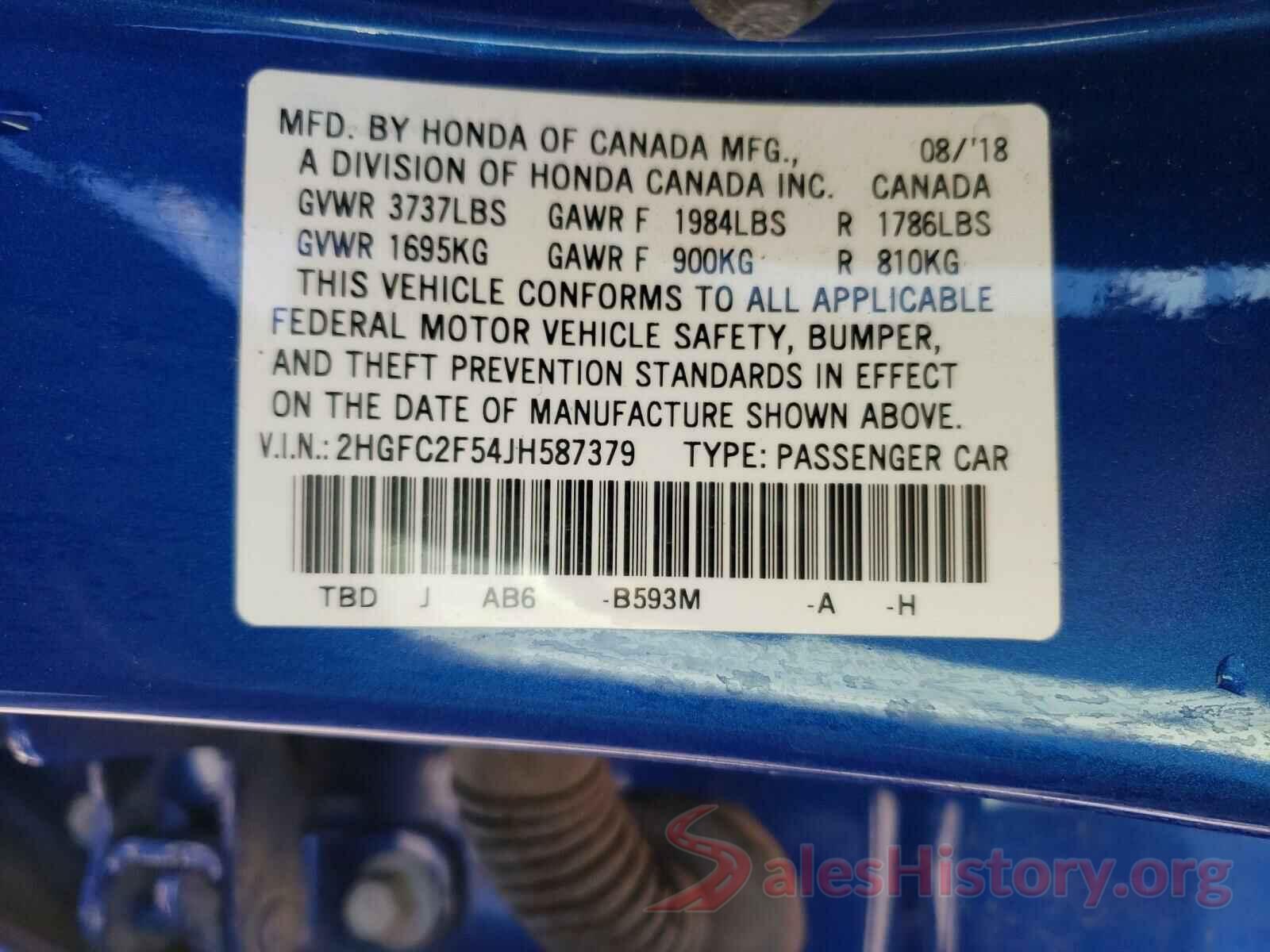 2HGFC2F54JH587379 2018 HONDA CIVIC