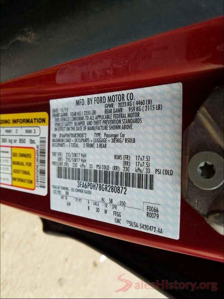 3FA6P0H78GR280872 2016 FORD FUSION