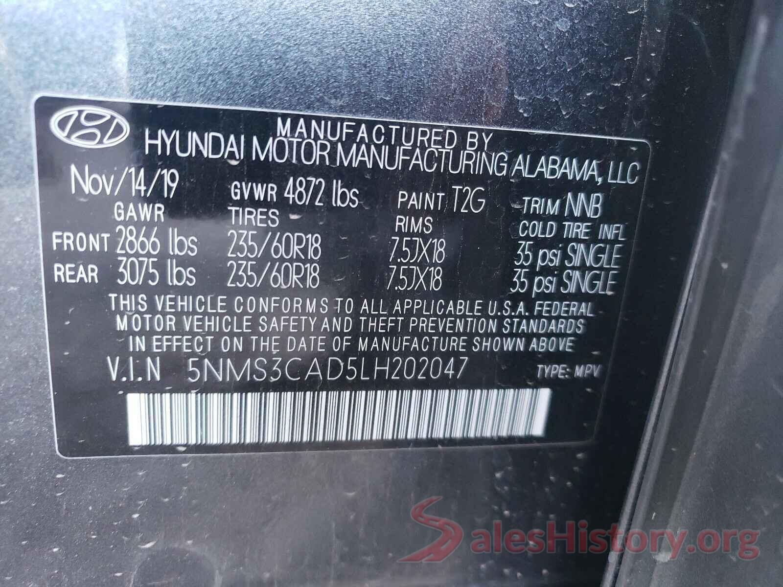 5NMS3CAD5LH202047 2020 HYUNDAI SANTA FE