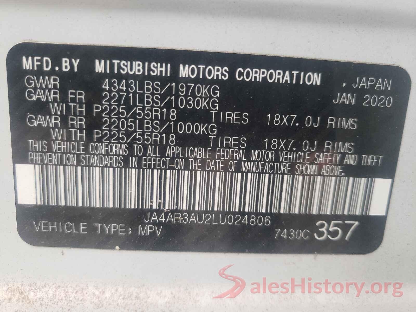 JA4AR3AU2LU024806 2020 MITSUBISHI OUTLANDER