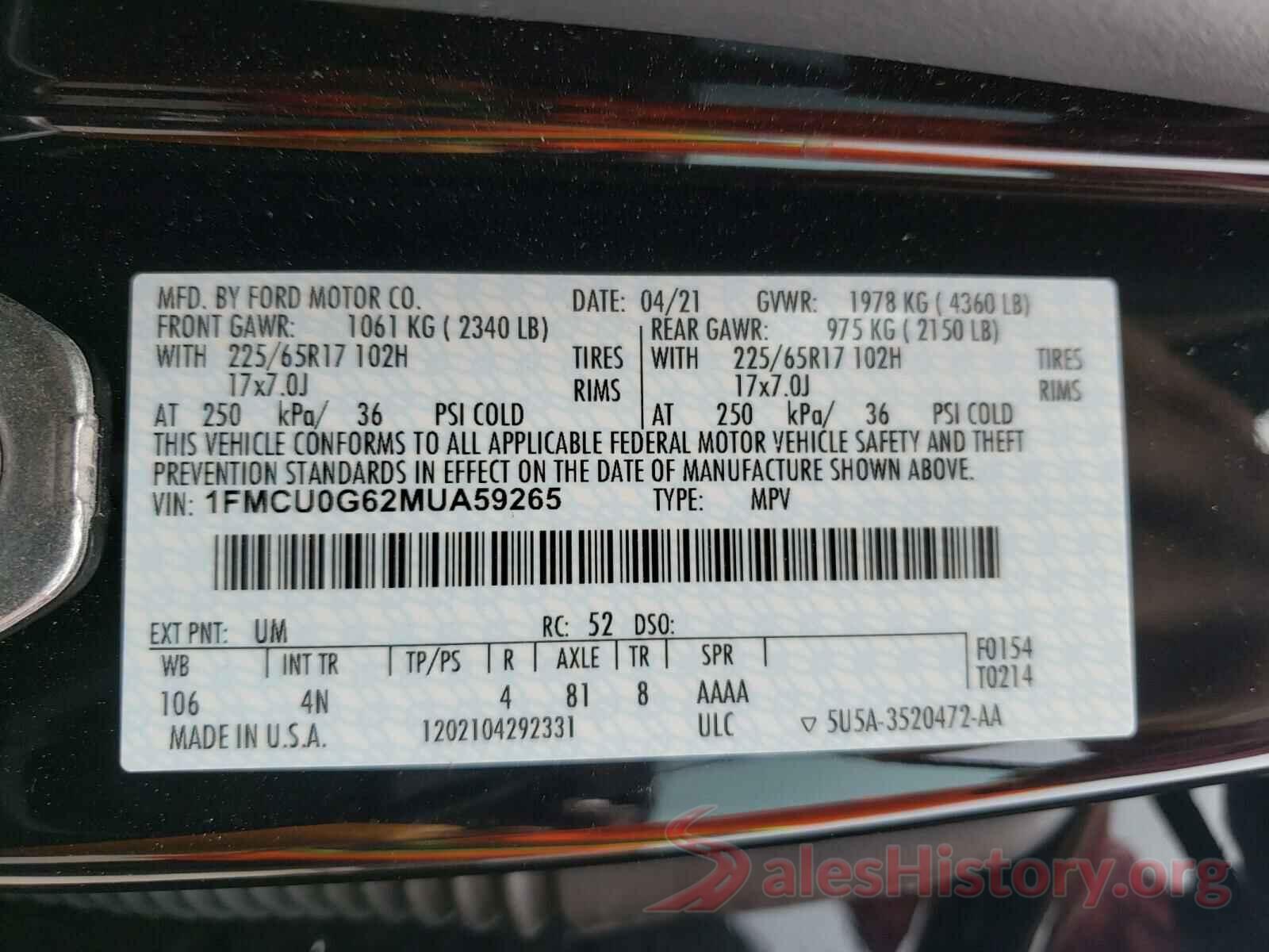 1FMCU0G62MUA59265 2021 FORD ESCAPE