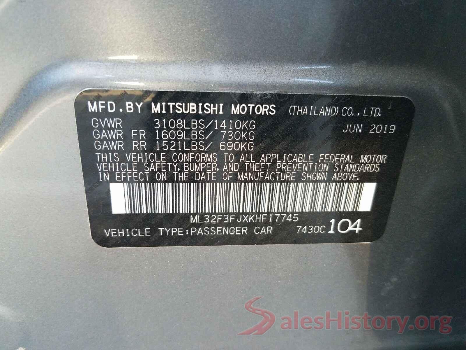 ML32F3FJXKHF17745 2019 MITSUBISHI MIRAGE