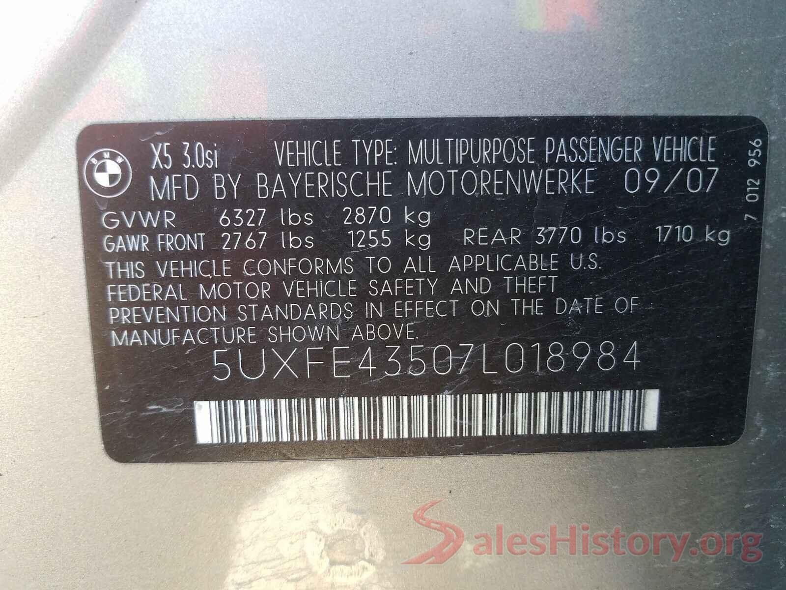 5UXFE43507L018984 2007 BMW X5