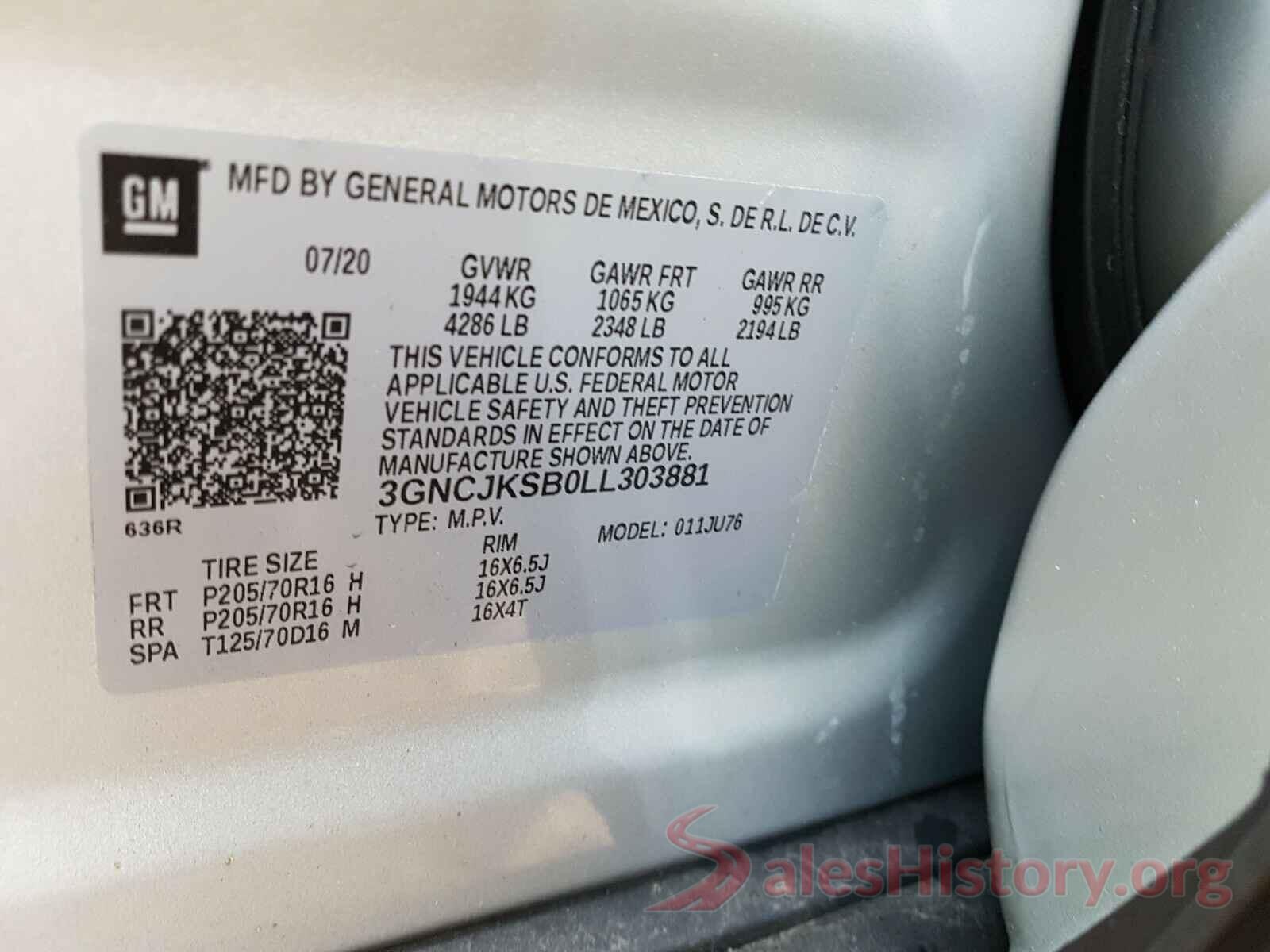 3GNCJKSB0LL303881 2020 CHEVROLET TRAX