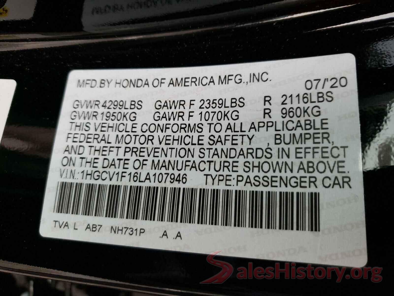 1HGCV1F16LA107946 2020 HONDA ACCORD