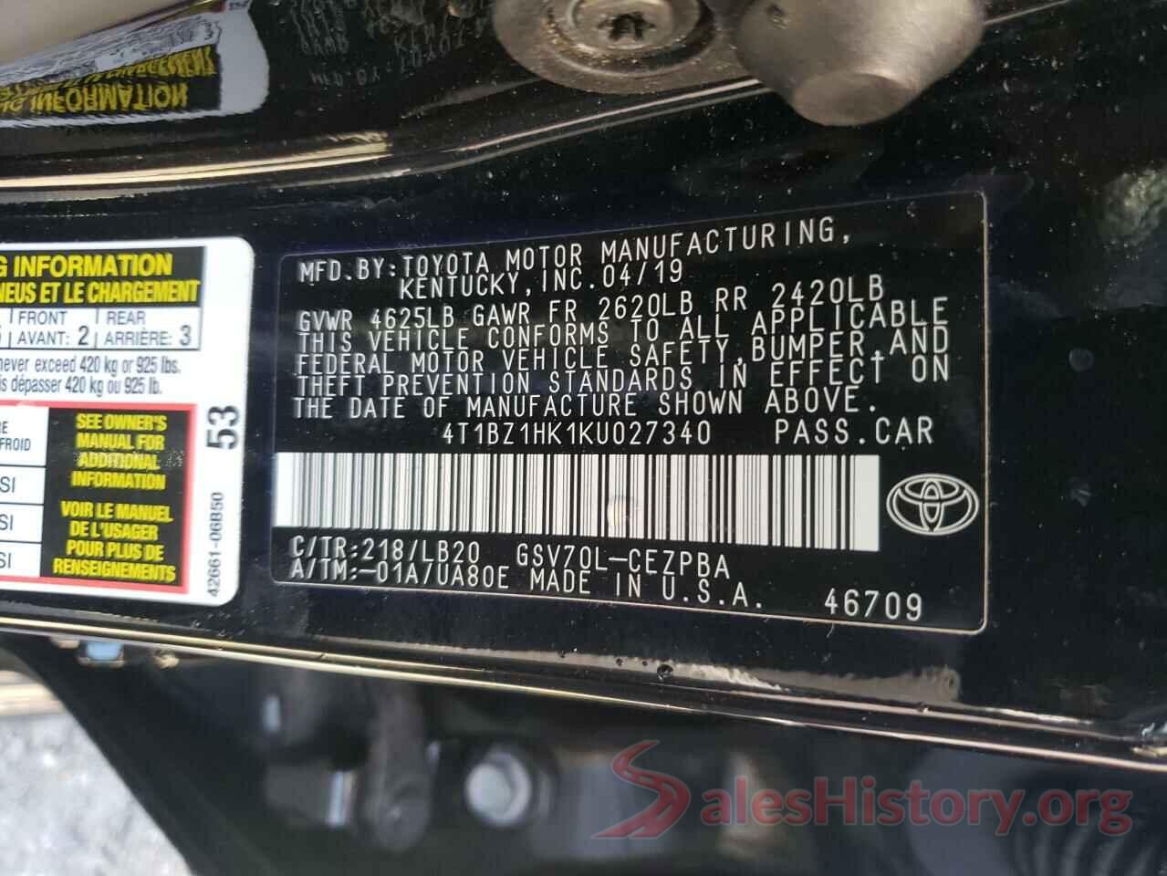 4T1BZ1HK1KU027340 2019 TOYOTA CAMRY