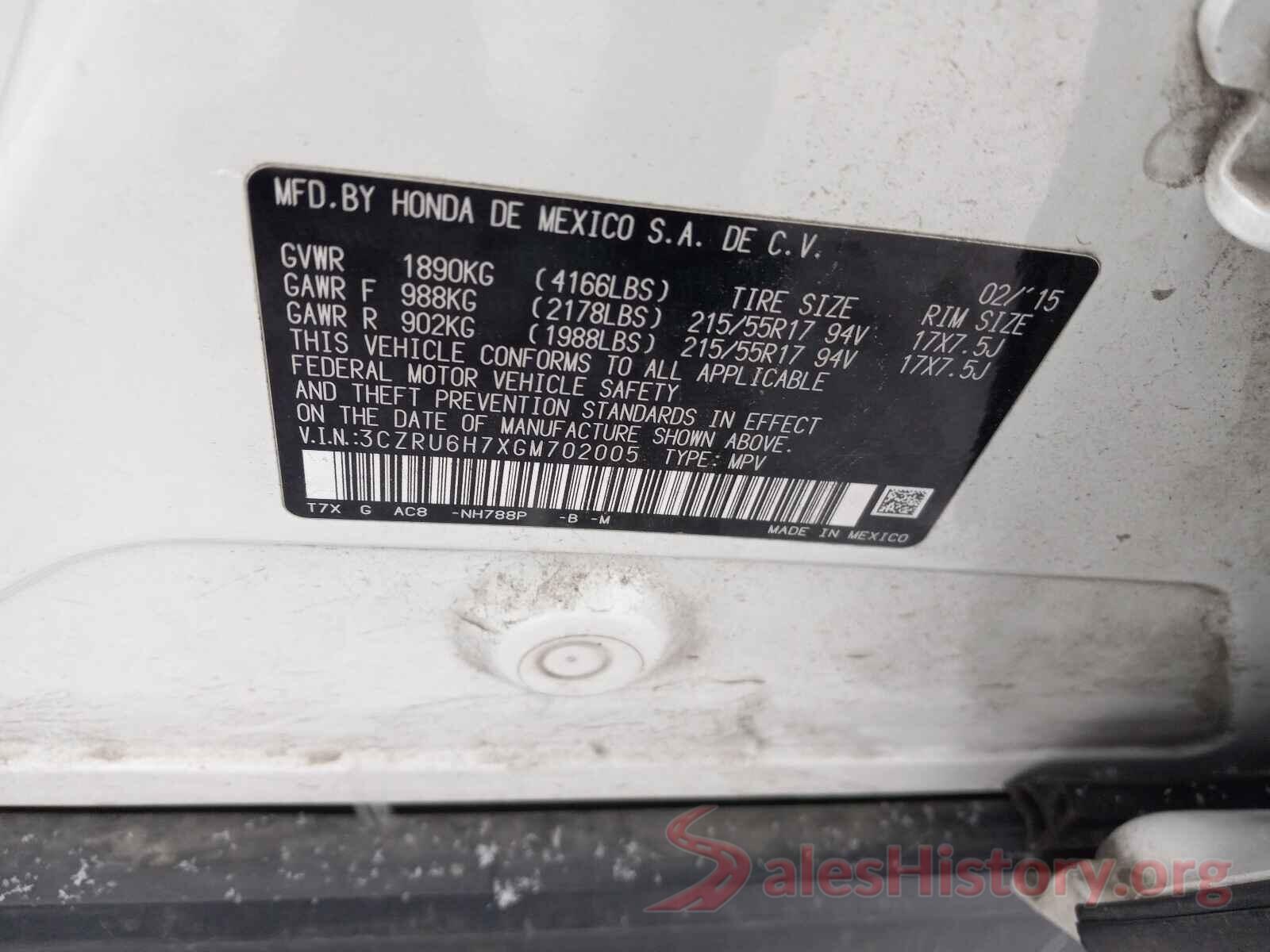 3CZRU6H7XGM702005 2016 HONDA HR-V