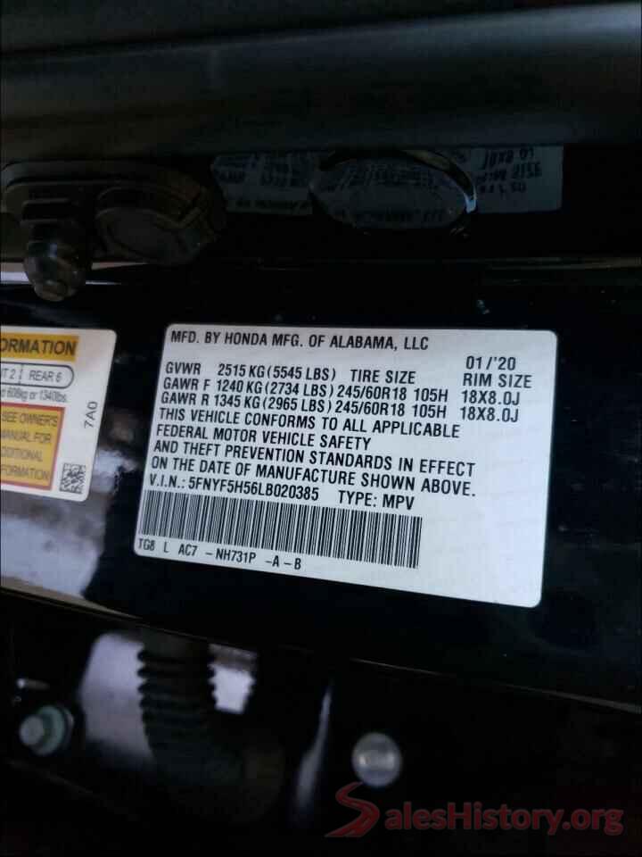 5FNYF5H56LB020385 2020 HONDA PILOT