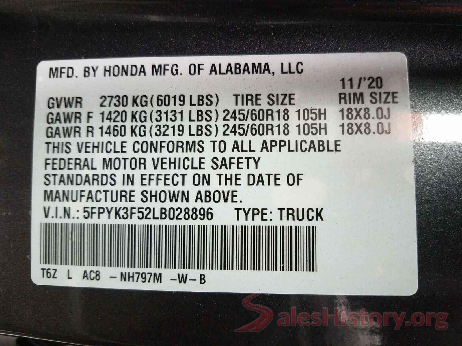 5FPYK3F52LB028896 2020 HONDA RIDGELINE