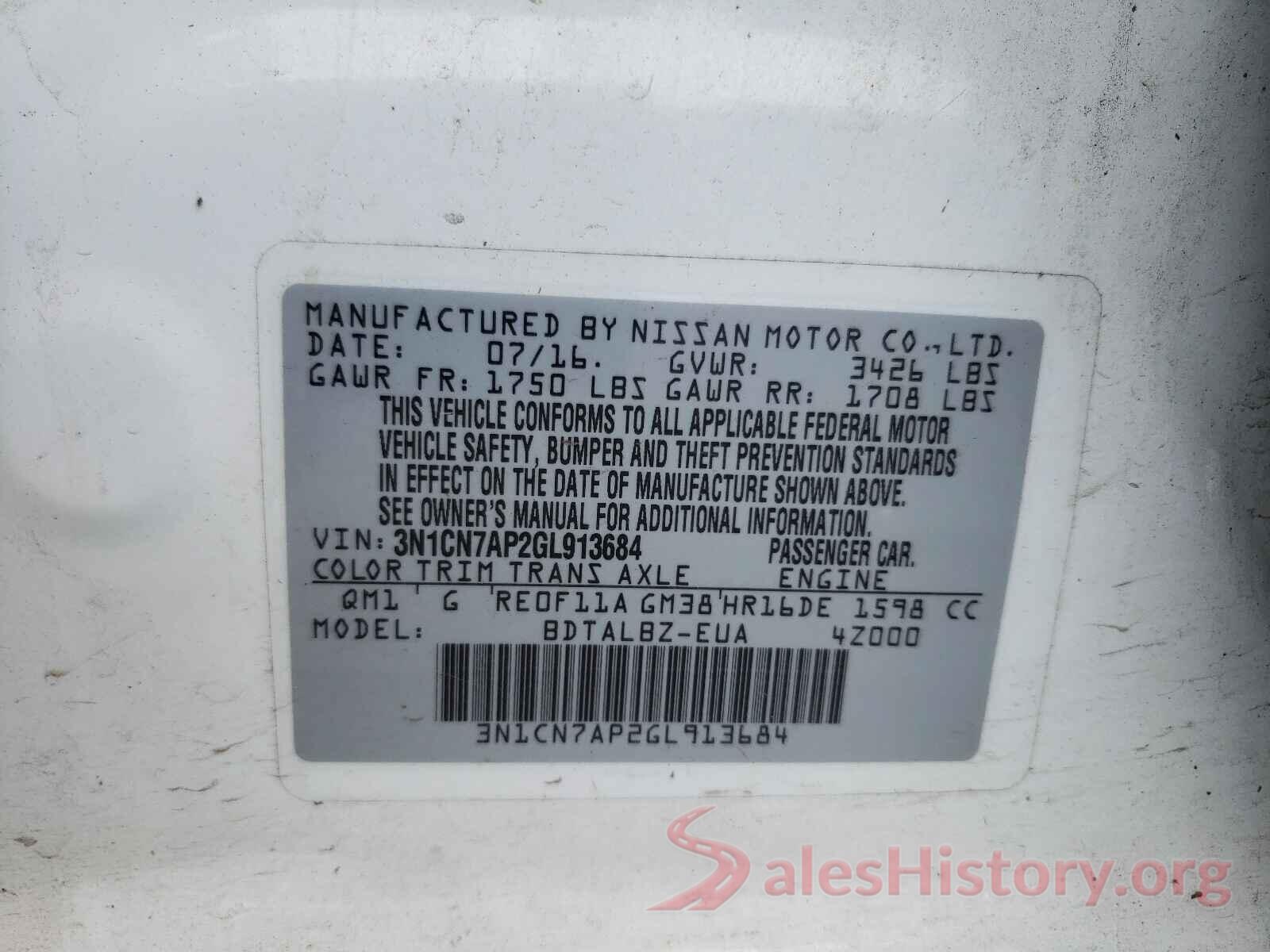 3N1CN7AP2GL913684 2016 NISSAN VERSA