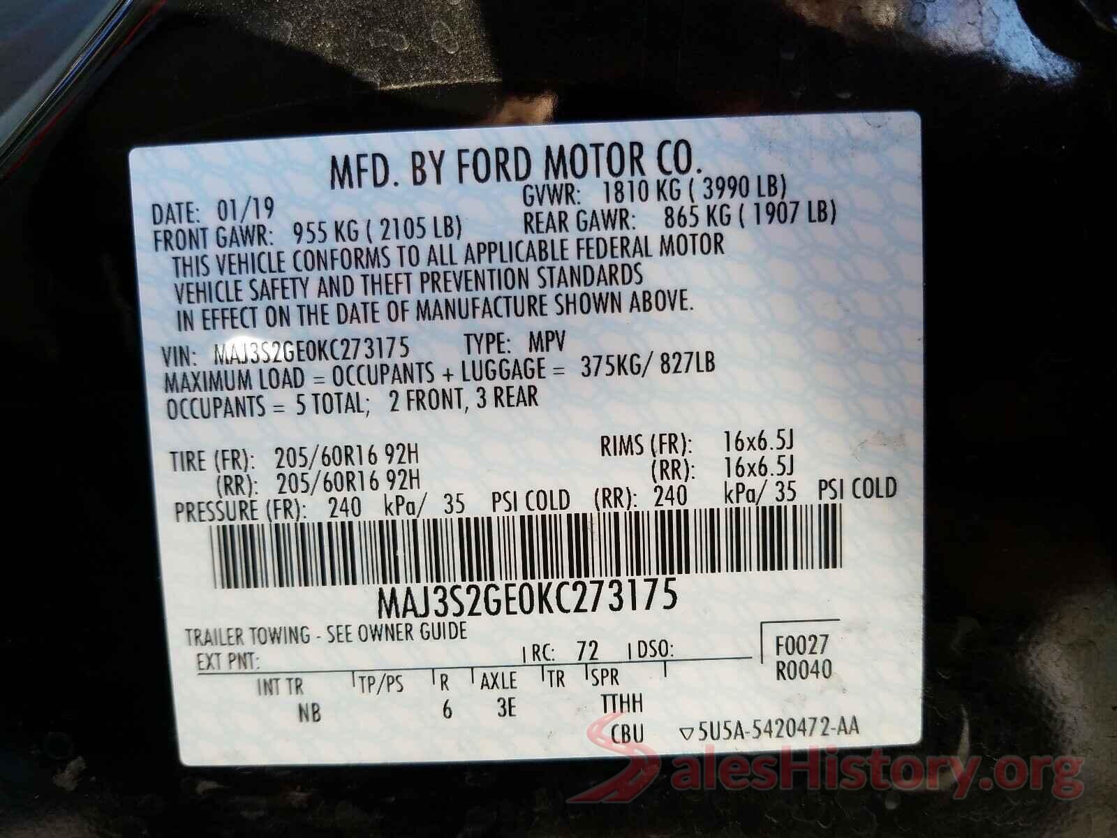 MAJ3S2GE0KC273175 2019 FORD ALL OTHER