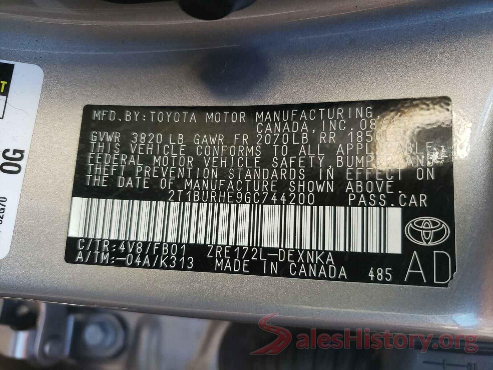 2T1BURHE9GC744200 2016 TOYOTA COROLLA