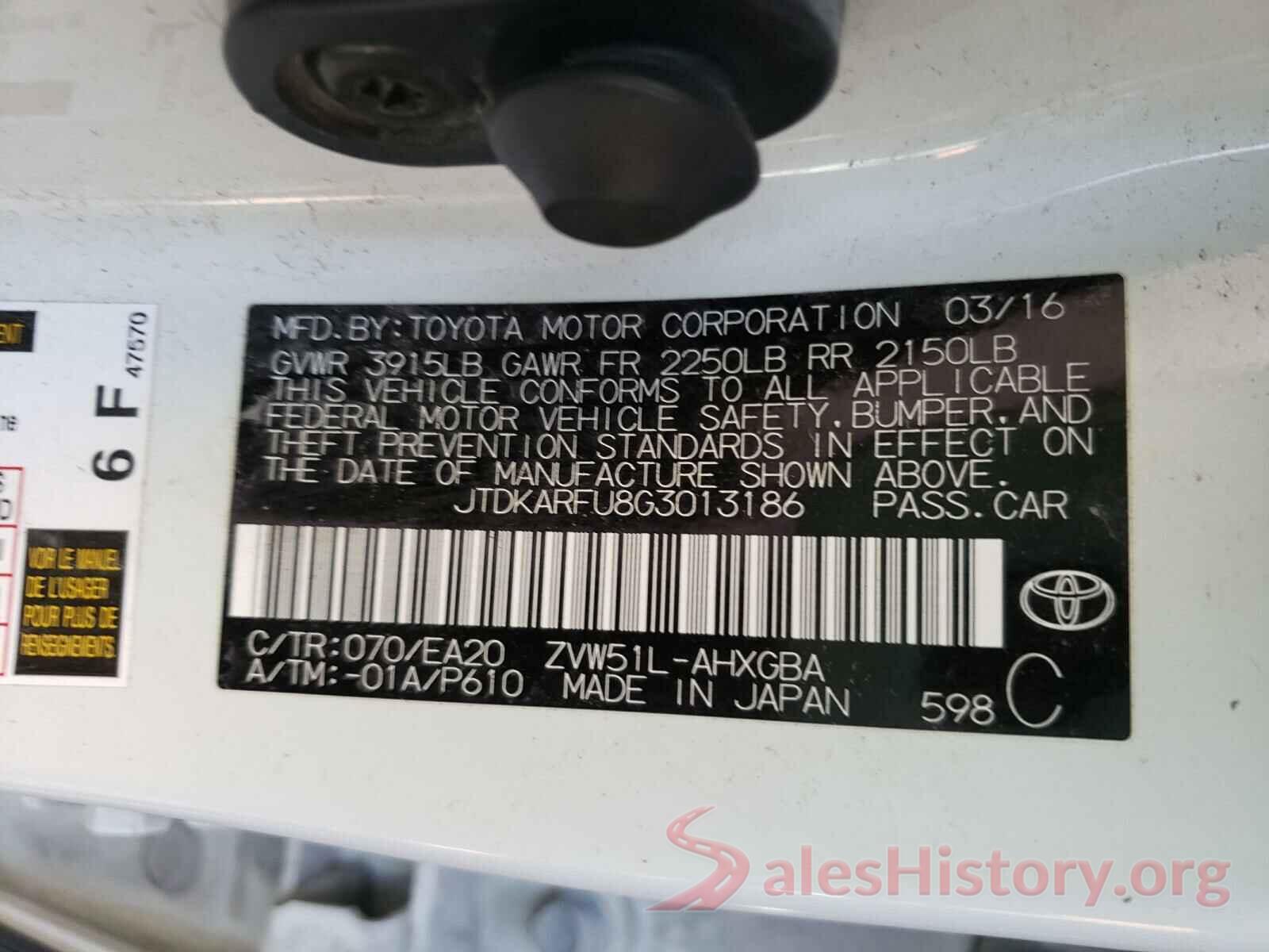 JTDKARFU8G3013186 2016 TOYOTA PRIUS