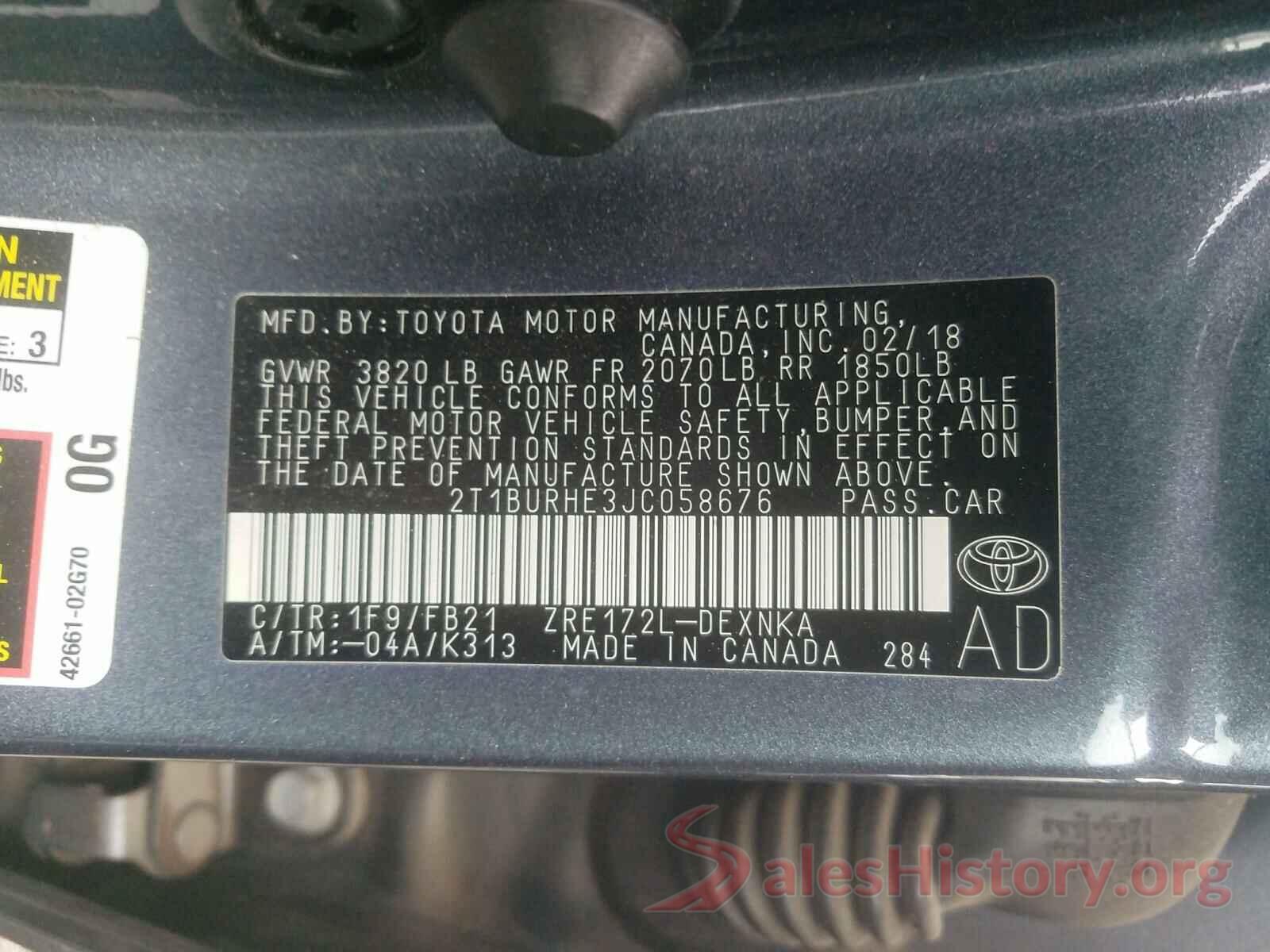 2T1BURHE3JC058676 2018 TOYOTA COROLLA