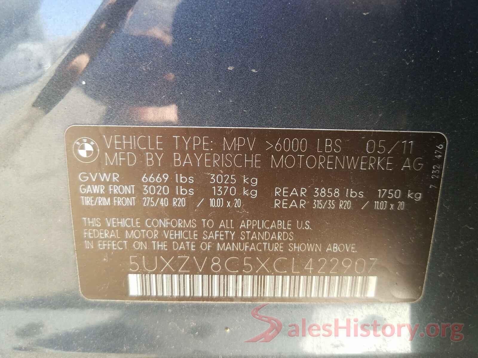 5UXZV8C5XCL422907 2012 BMW X5