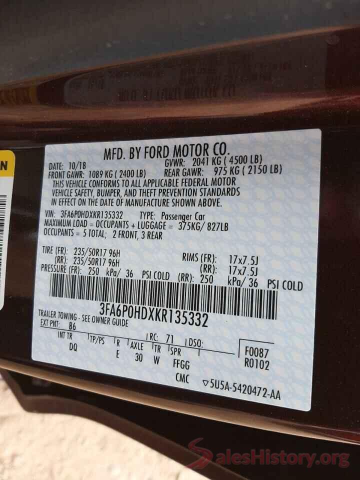 3FA6P0HDXKR135332 2019 FORD FUSION