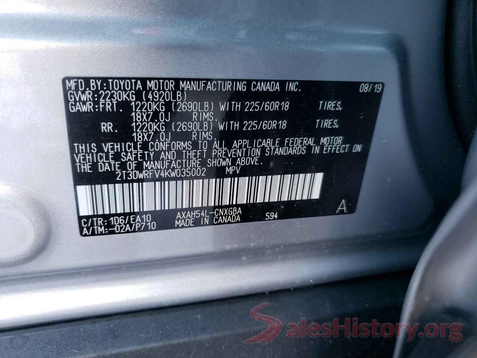 2T3DWRFV4KW035002 2019 TOYOTA RAV4