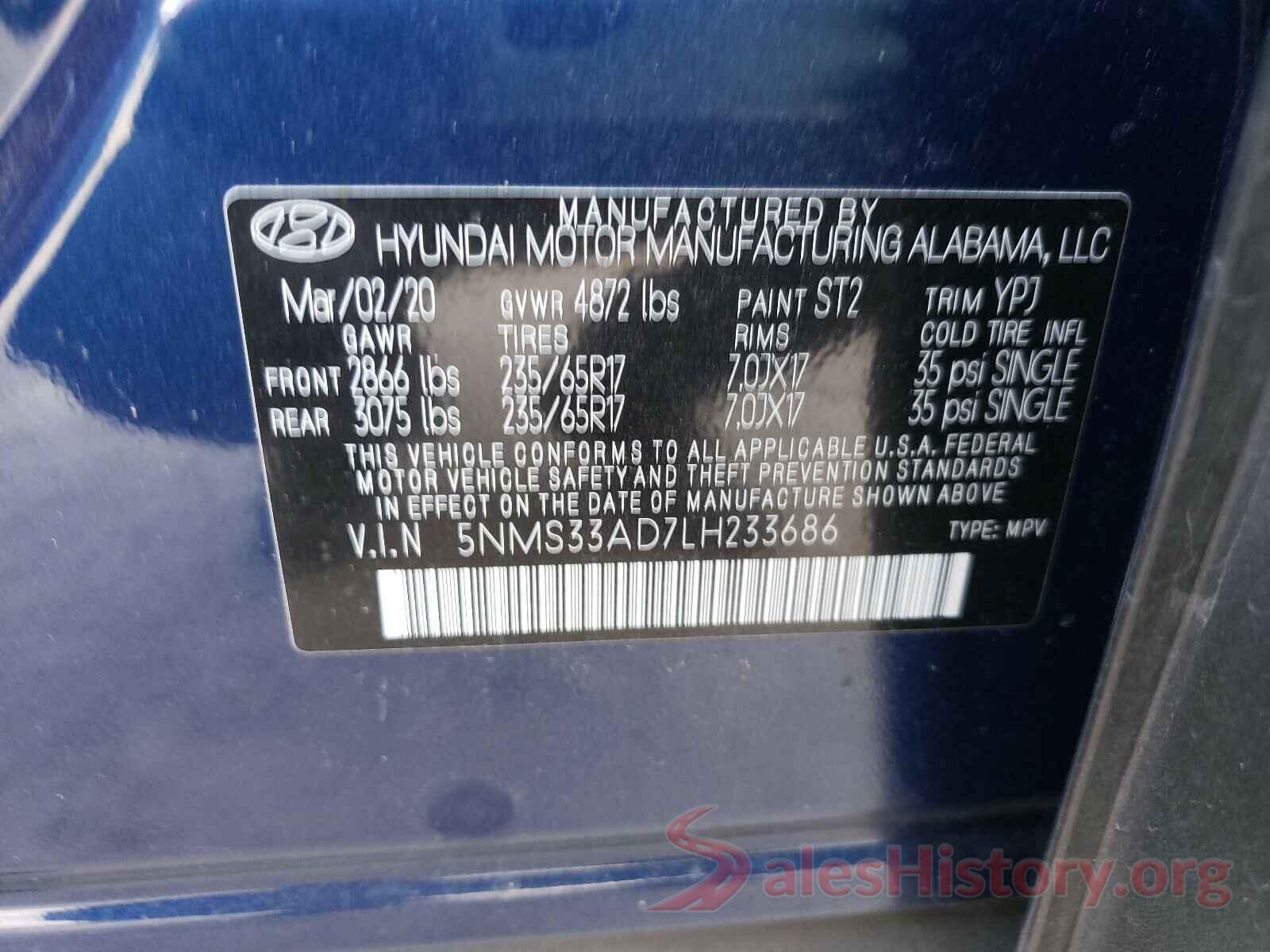 5NMS33AD7LH233686 2020 HYUNDAI SANTA FE