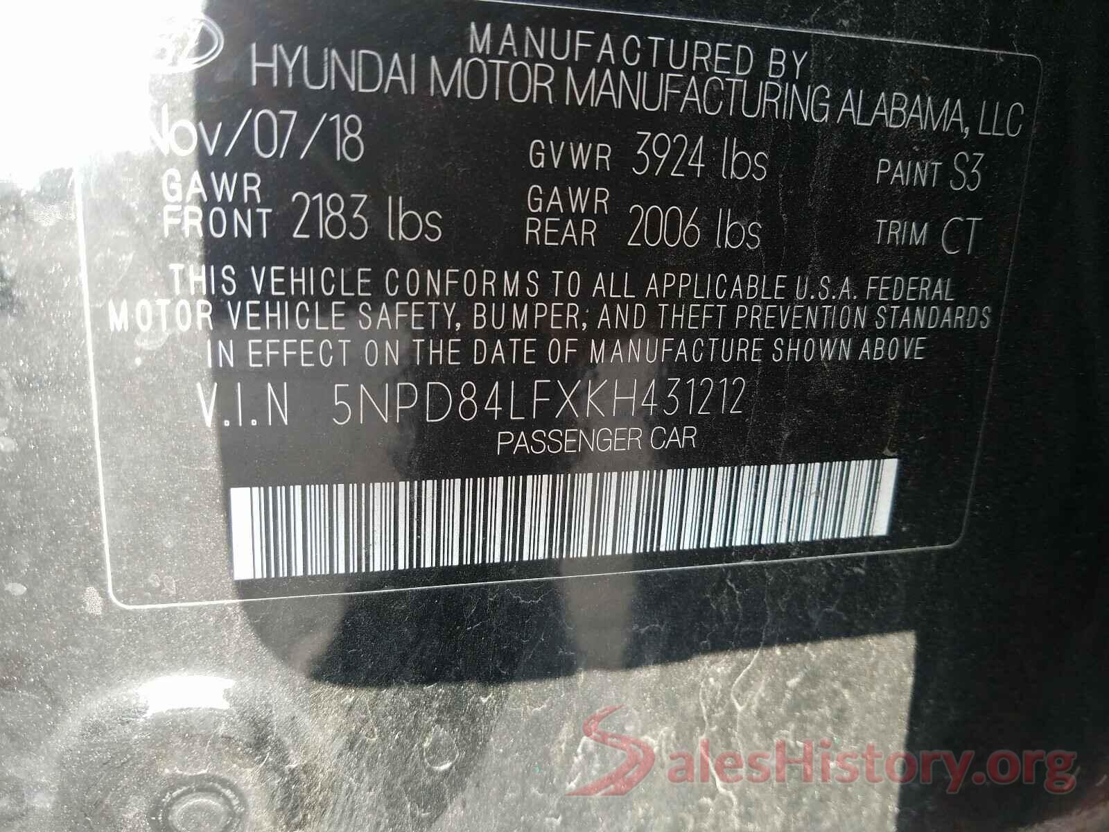 5NPD84LFXKH431212 2019 HYUNDAI ELANTRA