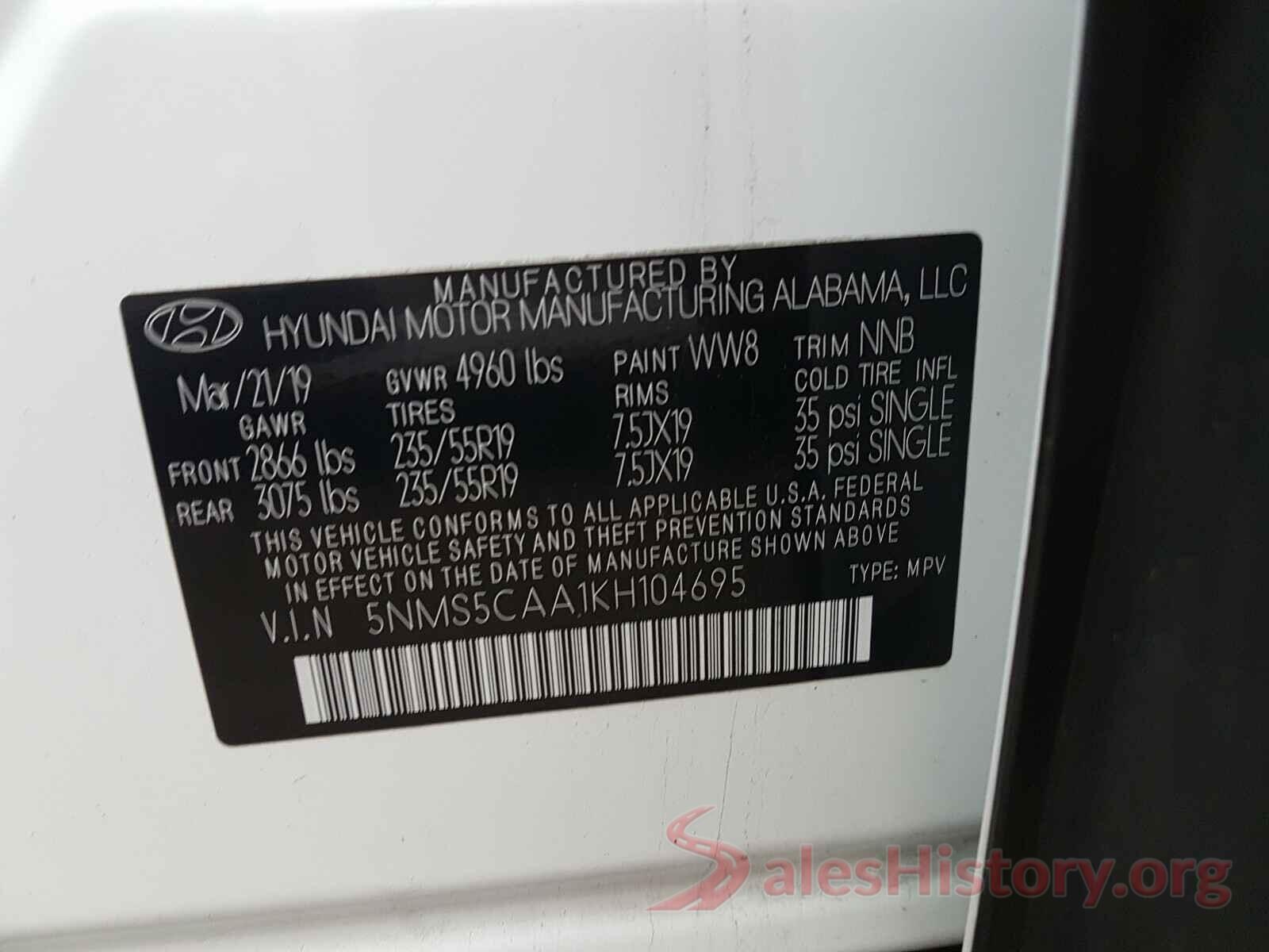 5NMS5CAA1KH104695 2019 HYUNDAI SANTA FE