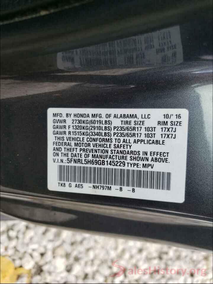 5FNRL5H69GB145229 2016 HONDA ODYSSEY