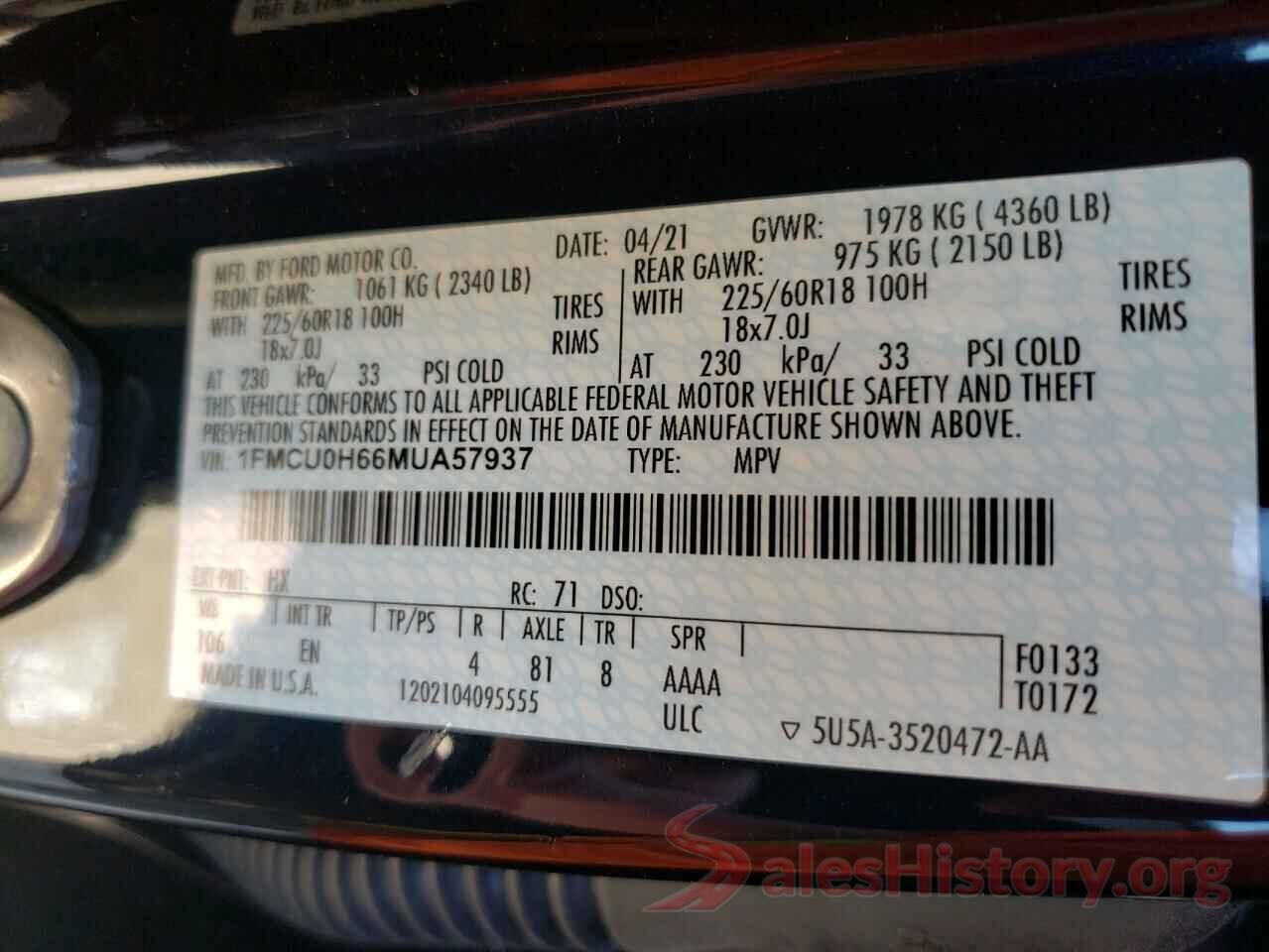 1FMCU0H66MUA57937 2021 FORD ESCAPE