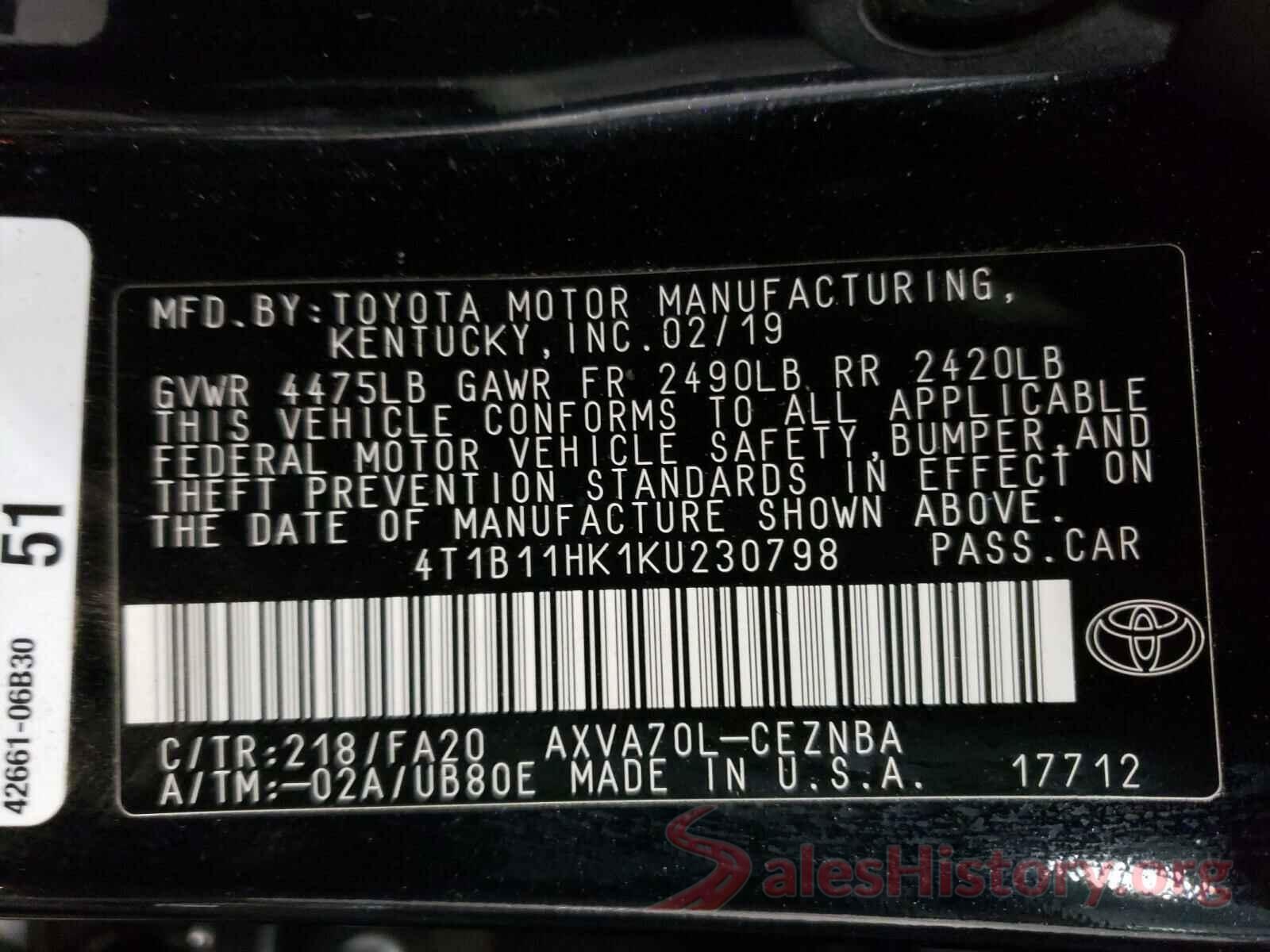 4T1B11HK1KU230798 2019 TOYOTA CAMRY