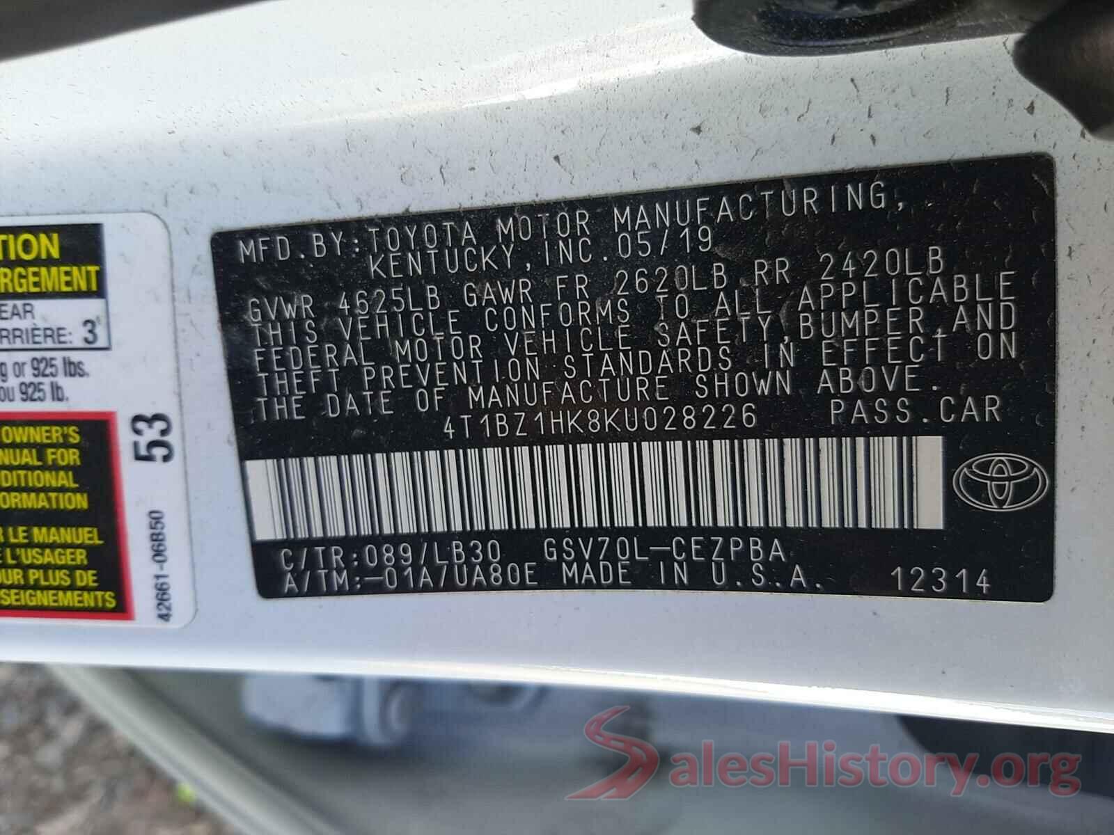 4T1BZ1HK8KU028226 2019 TOYOTA CAMRY