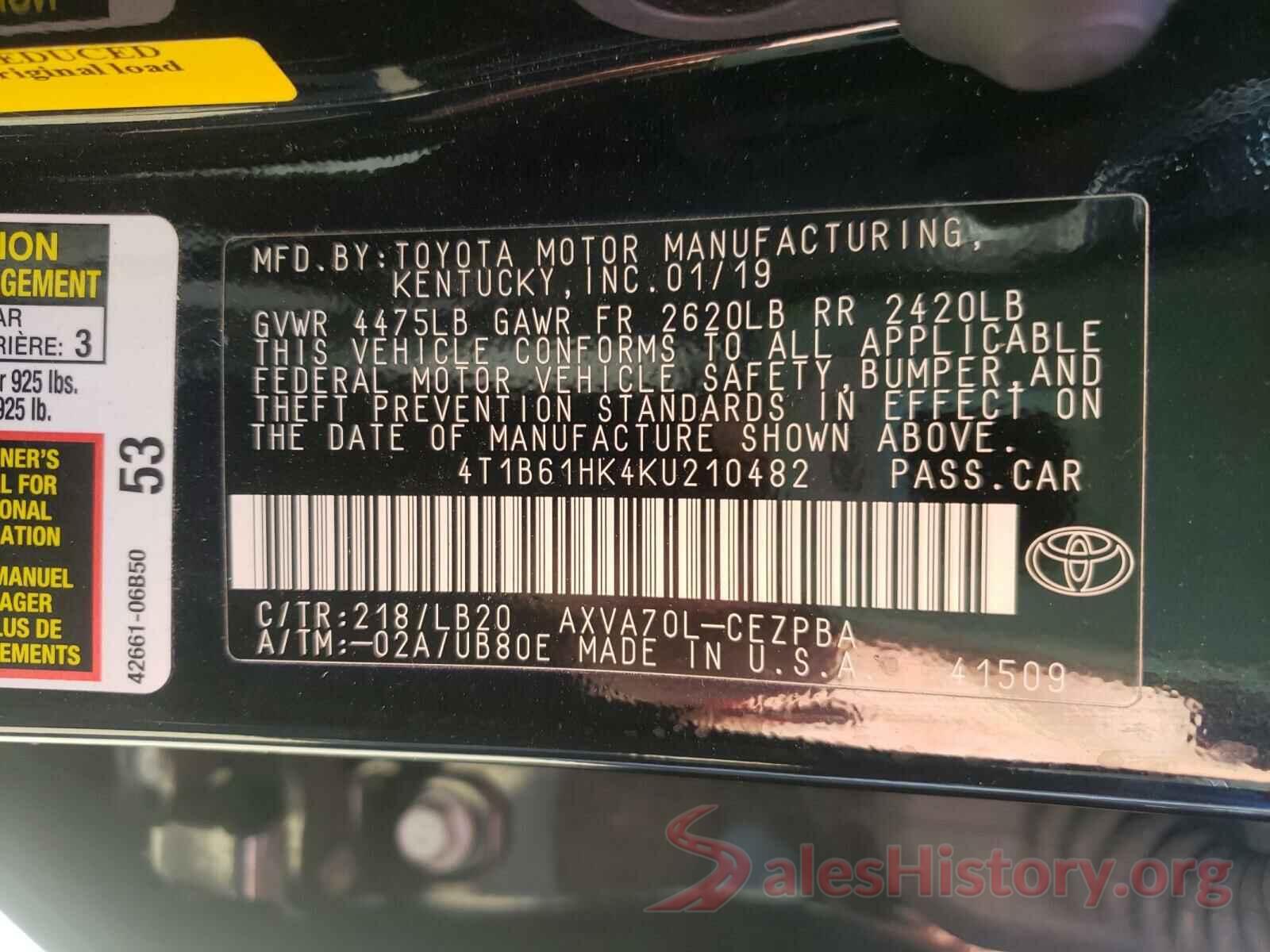 4T1B61HK4KU210482 2019 TOYOTA CAMRY