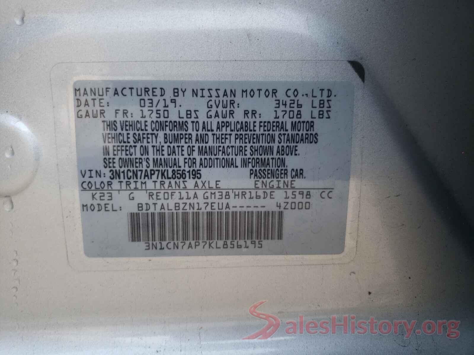 3N1CN7AP7KL856195 2019 NISSAN VERSA