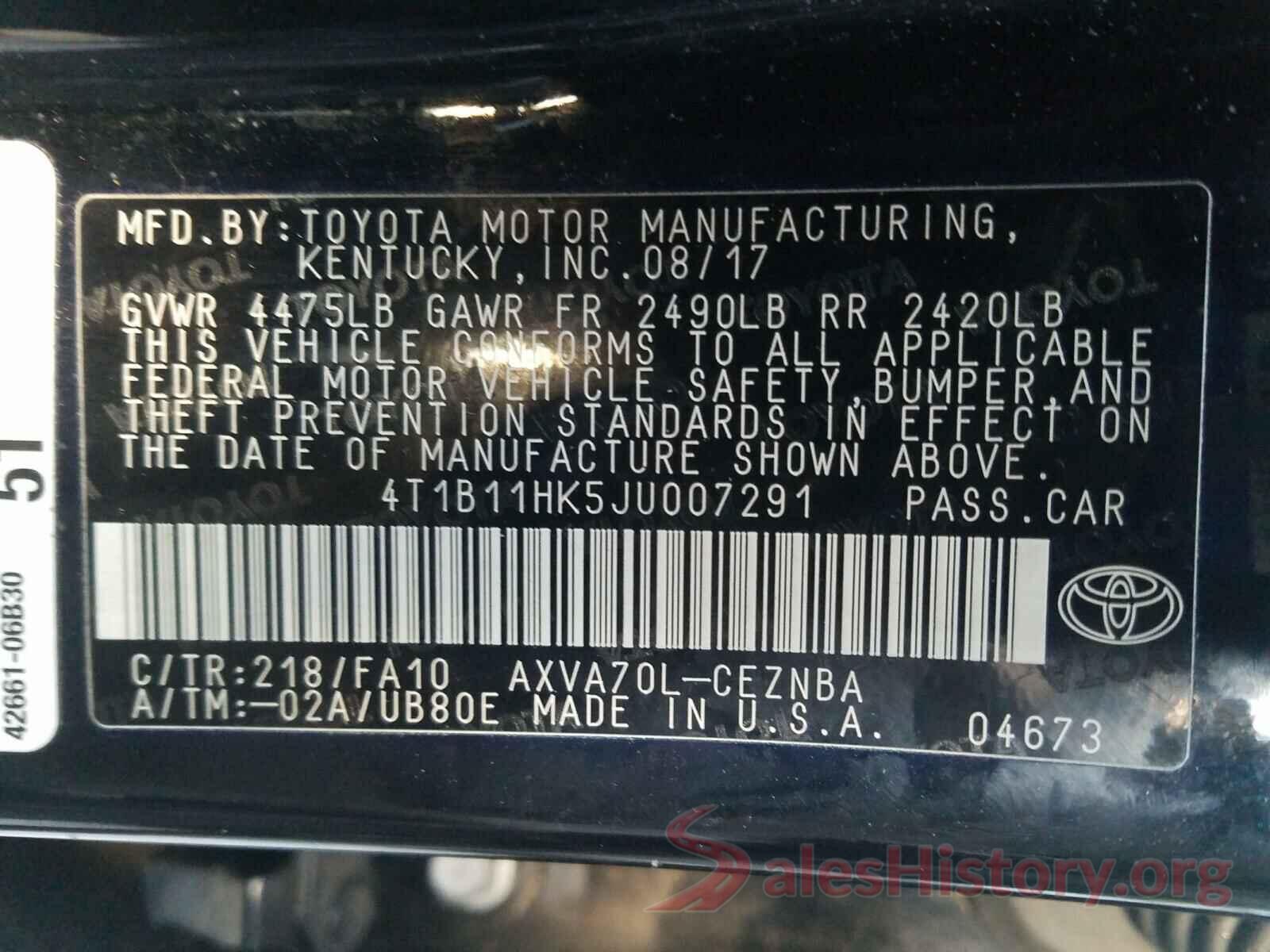 4T1B11HK5JU007291 2018 TOYOTA CAMRY