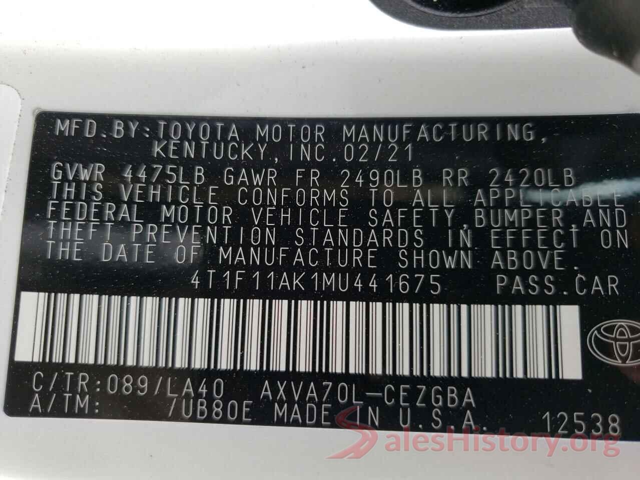 4T1F11AK1MU441675 2021 TOYOTA CAMRY