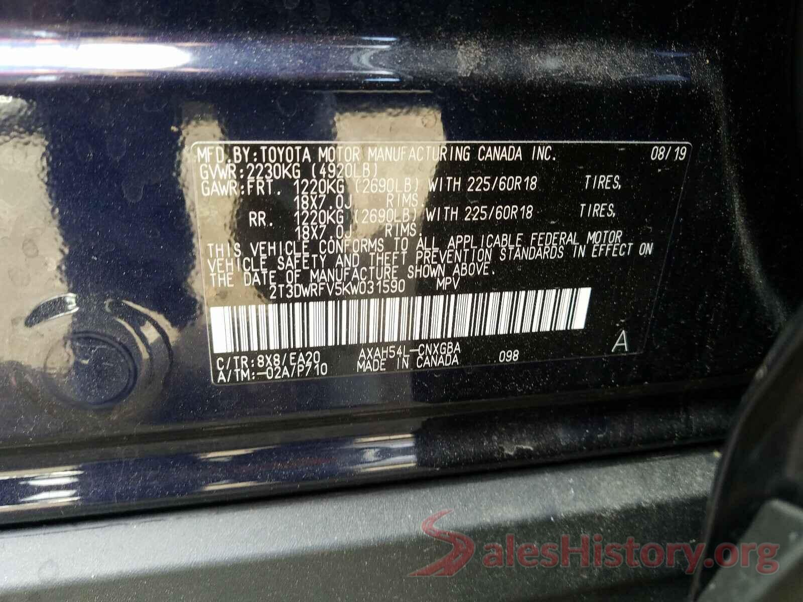 2T3DWRFV5KW031590 2019 TOYOTA RAV4