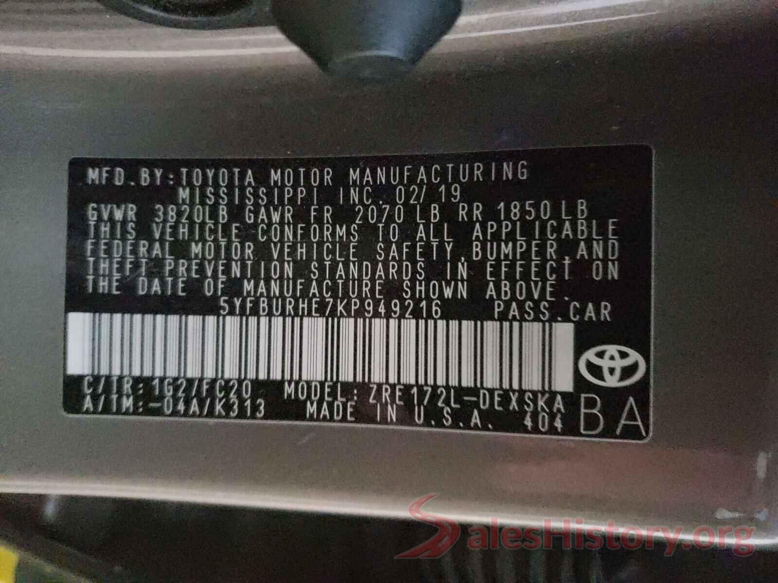 5YFBURHE7KP949216 2019 TOYOTA COROLLA