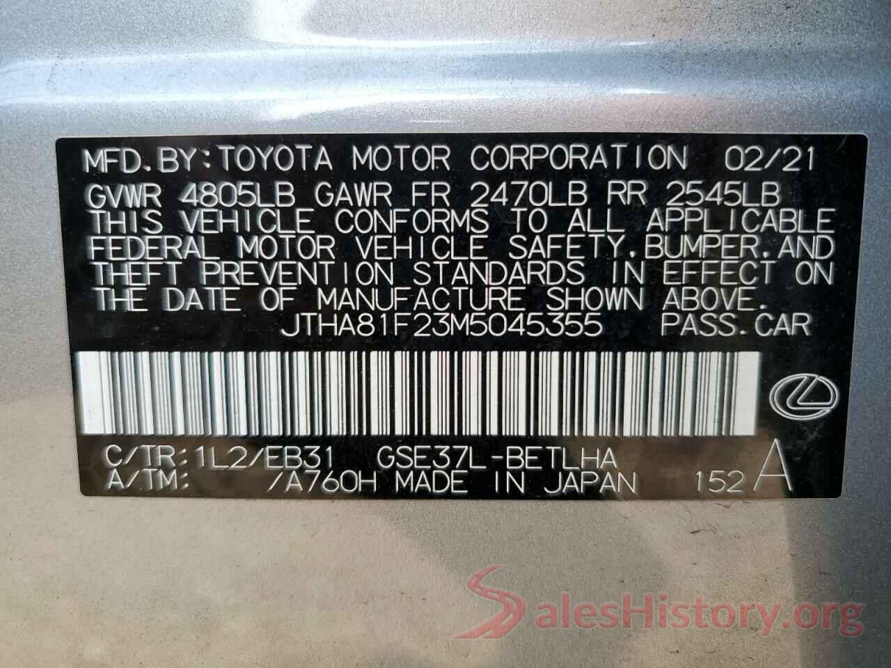 JTHA81F23M5045355 2021 LEXUS IS