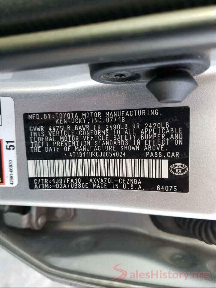 4T1B11HK6JU654024 2018 TOYOTA CAMRY