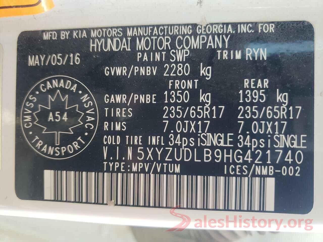 5XYZUDLB9HG421740 2017 HYUNDAI SANTA FE