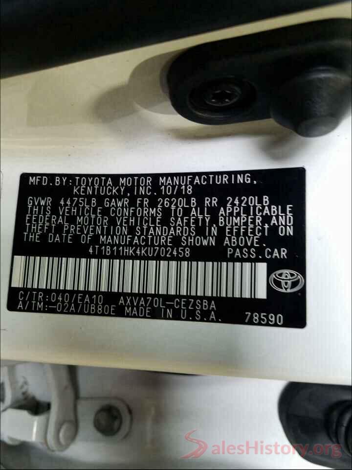 4T1B11HK4KU702458 2019 TOYOTA CAMRY