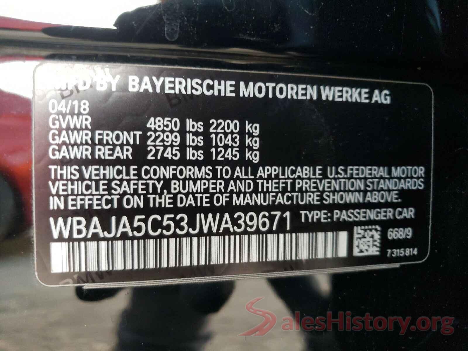 WBAJA5C53JWA39671 2018 BMW 5 SERIES