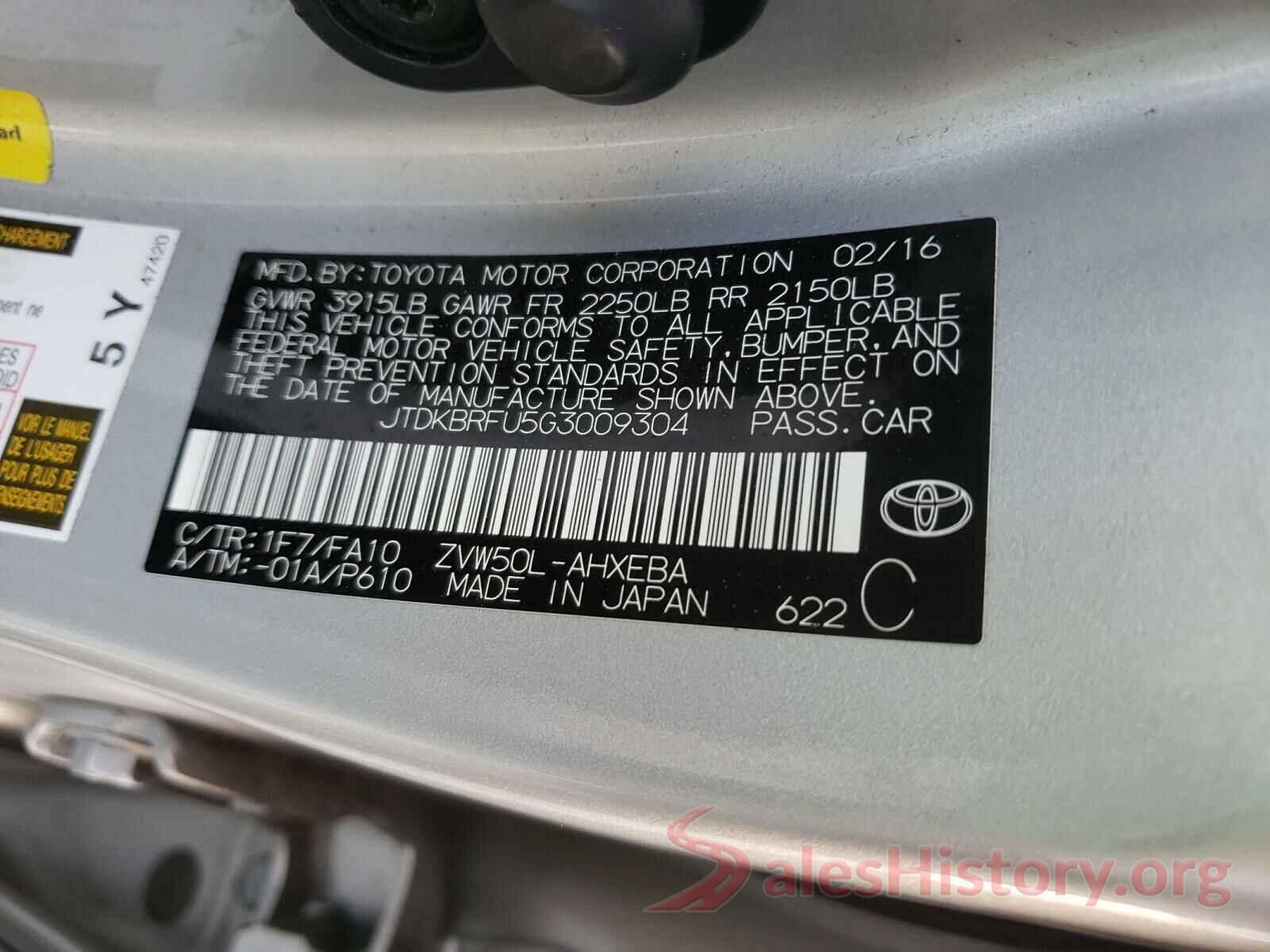 JTDKBRFU5G3009304 2016 TOYOTA PRIUS