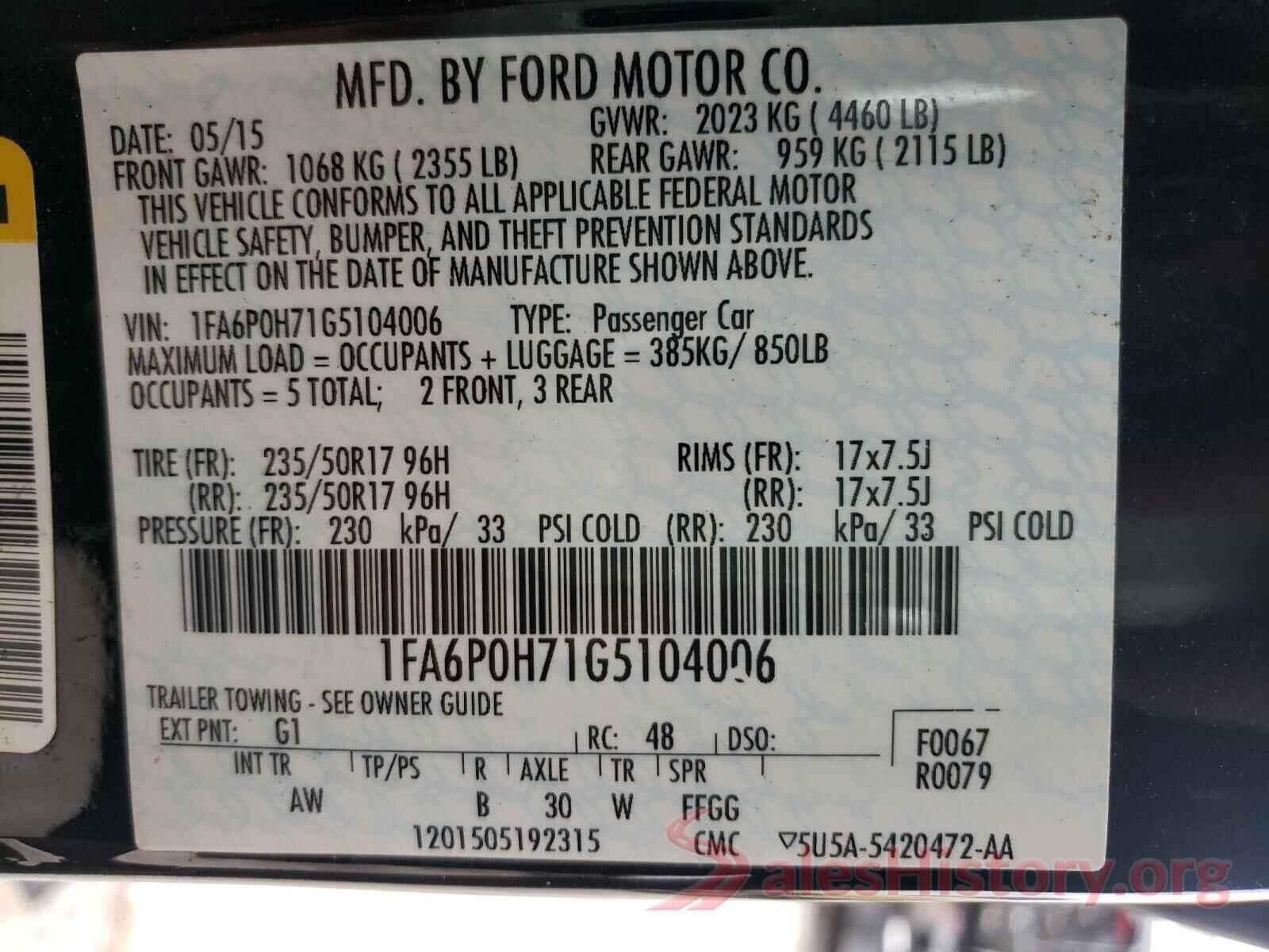 1FA6P0H71G5104006 2016 FORD FUSION