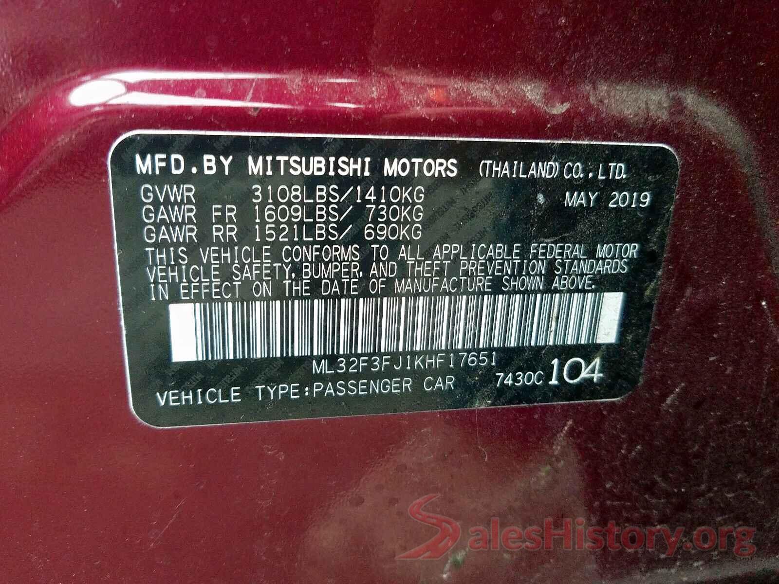 ML32F3FJ1KHF17651 2019 MITSUBISHI MIRAGE