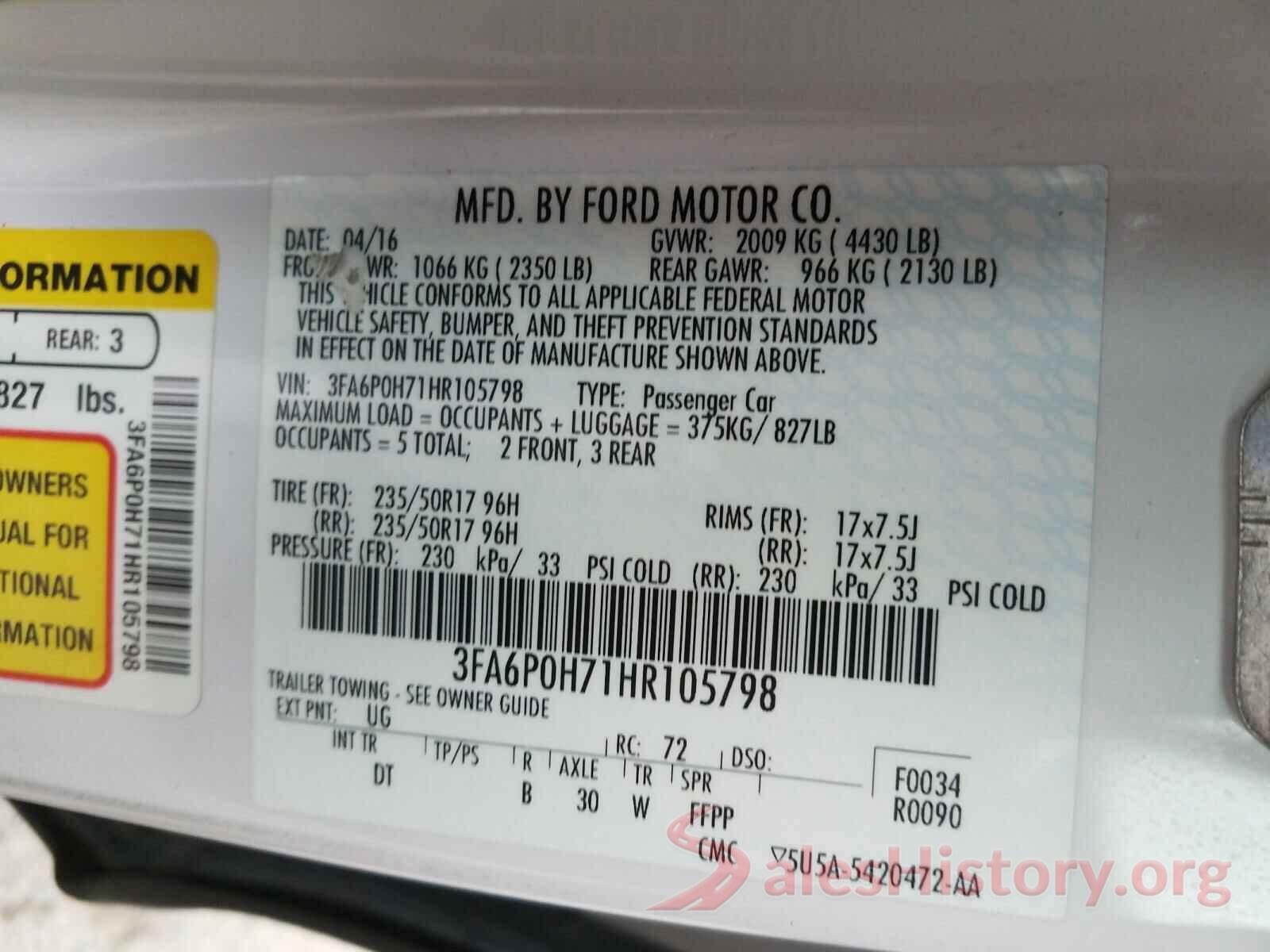 3FA6P0H71HR105798 2017 FORD FUSION