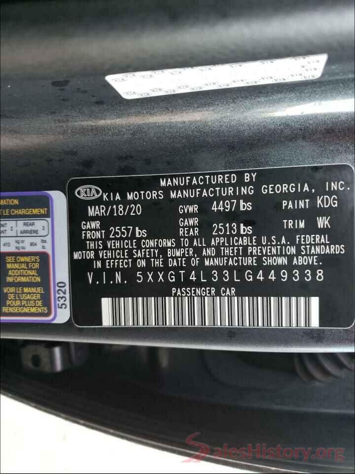 5XXGT4L33LG449338 2020 KIA OPTIMA