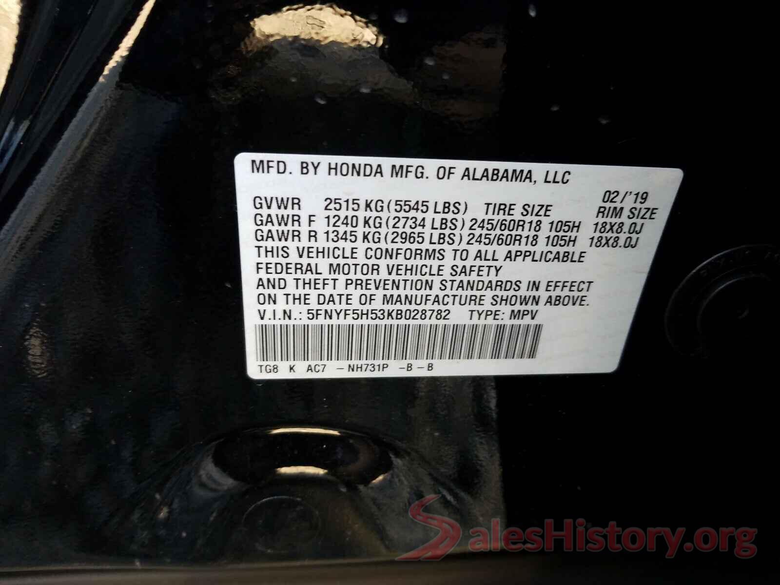 5FNYF5H53KB028782 2019 HONDA PILOT