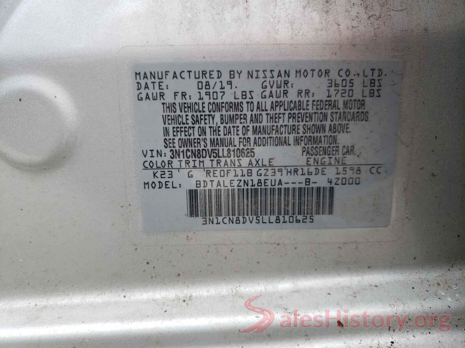 3N1CN8DV5LL810625 2020 NISSAN VERSA