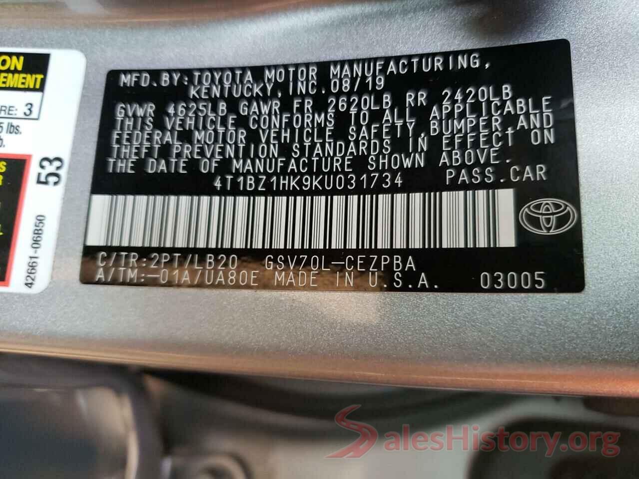 4T1BZ1HK9KU031734 2019 TOYOTA CAMRY