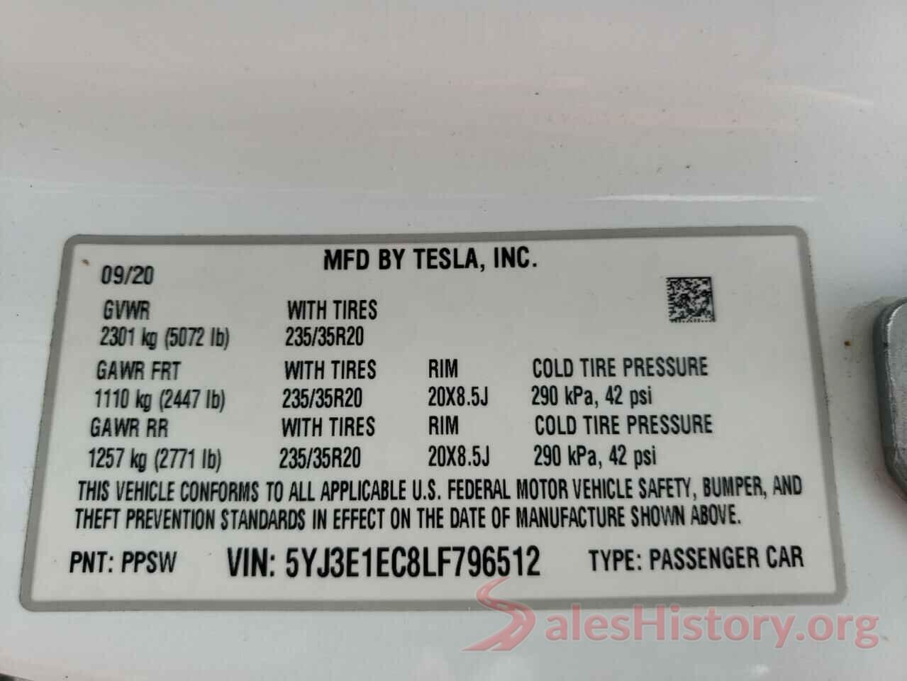 5YJ3E1EC8LF796512 2020 TESLA MODEL 3