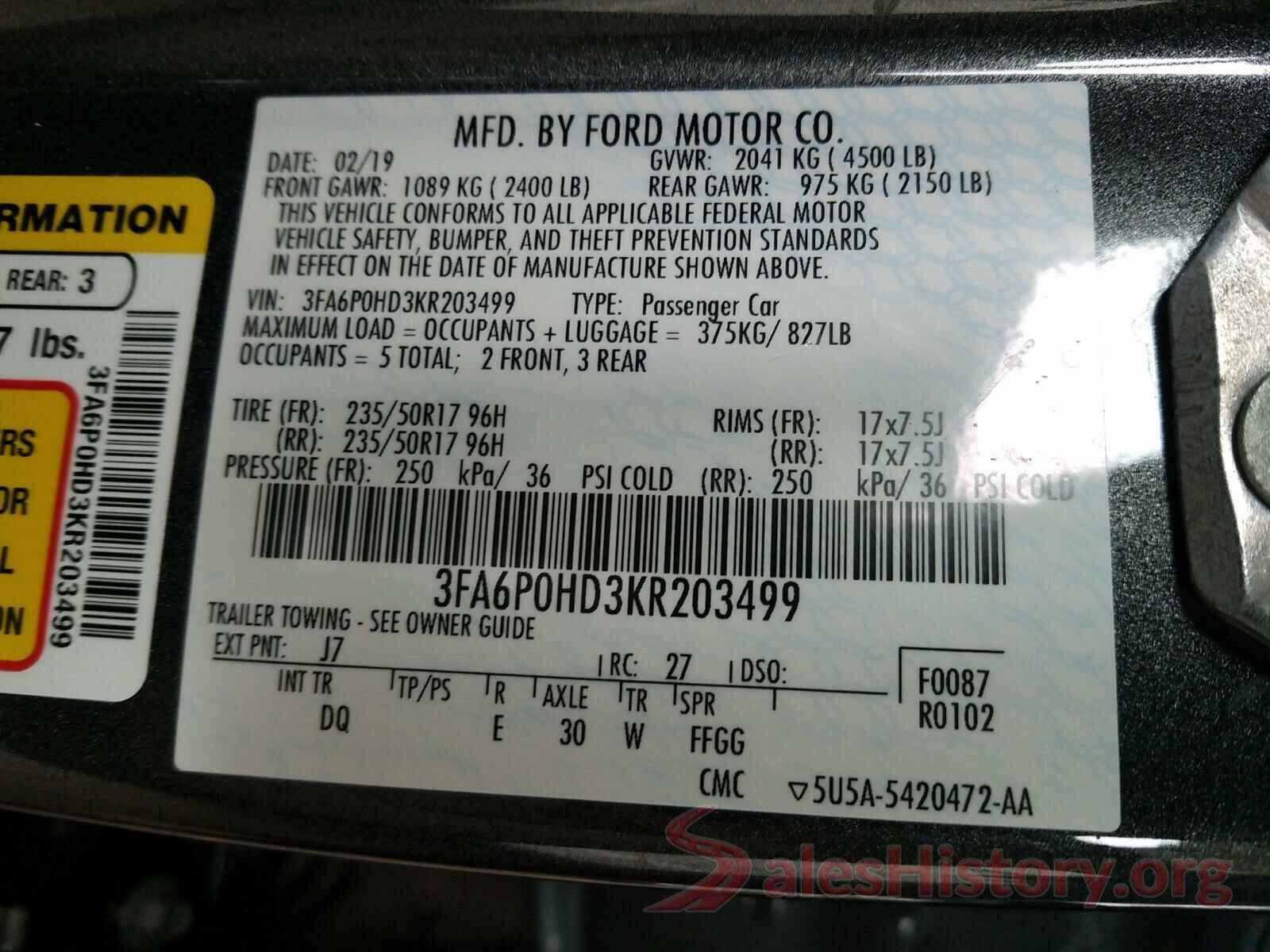 3FA6P0HD3KR203499 2019 FORD FUSION